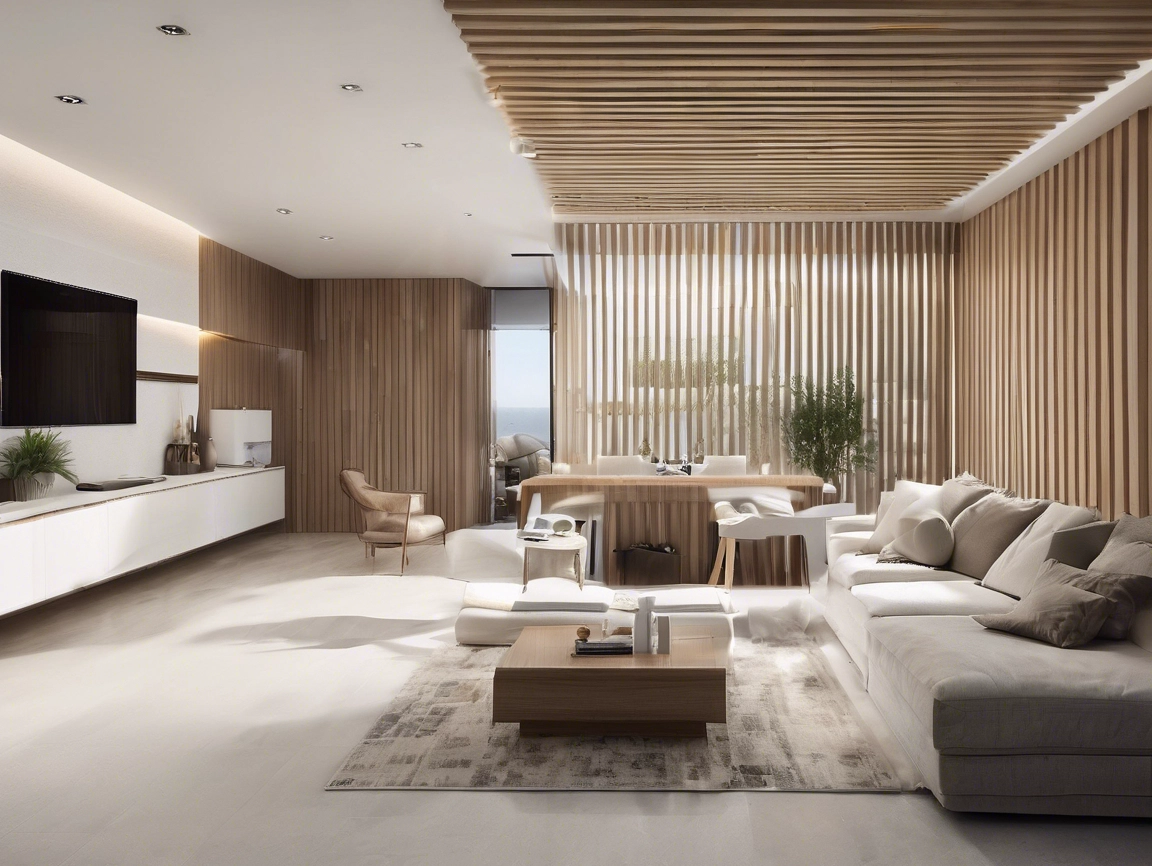 Interior with vertical wood-look wall slats and matching ceiling panels
