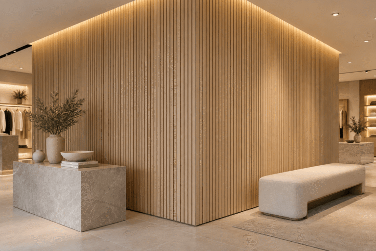 Wall panel corner and edge trim details for retail interiors
