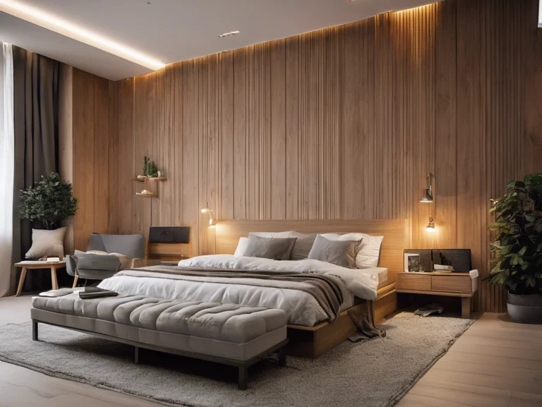 Bedroom with wood-look wall panels and concealed ceiling lighting