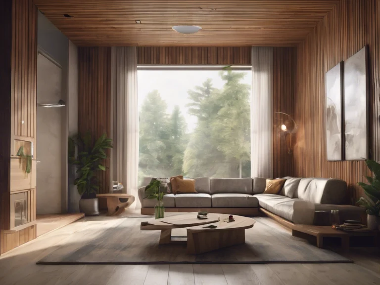 Living room with wood-look wall panels continuing across the ceiling