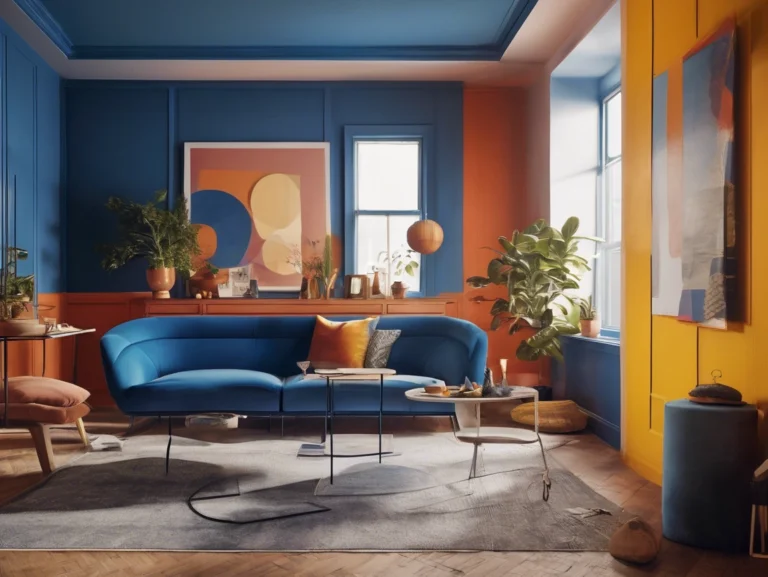 Blue and orange decorative wall paneling in a colorful living room
