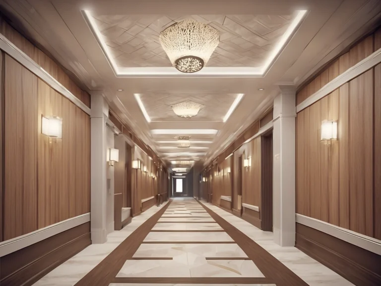 Long interior corridor with wood-look wall panels and patterned ceiling details