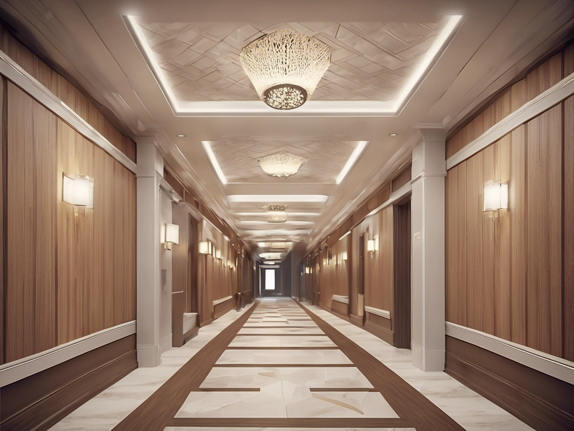 Long interior corridor with wood-look wall panels and patterned ceiling details