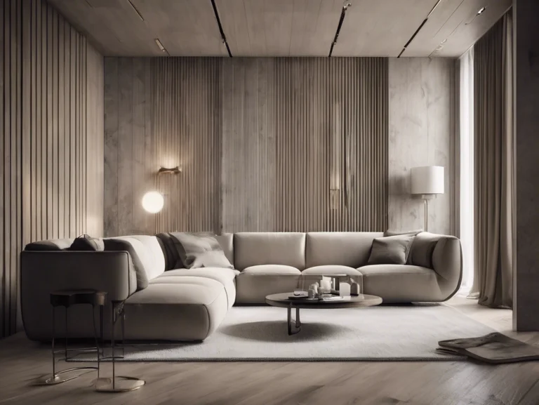 Neutral living room with vertical wall panel patterns behind a sofa