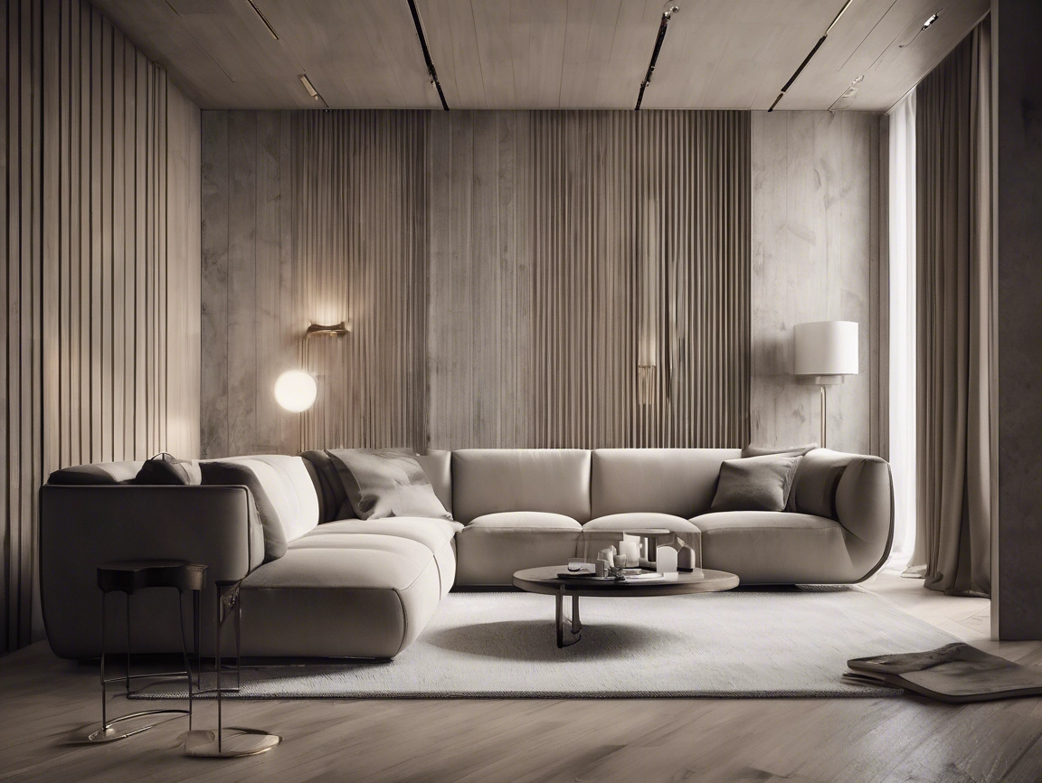 Neutral living room with vertical wall panel patterns behind a sofa